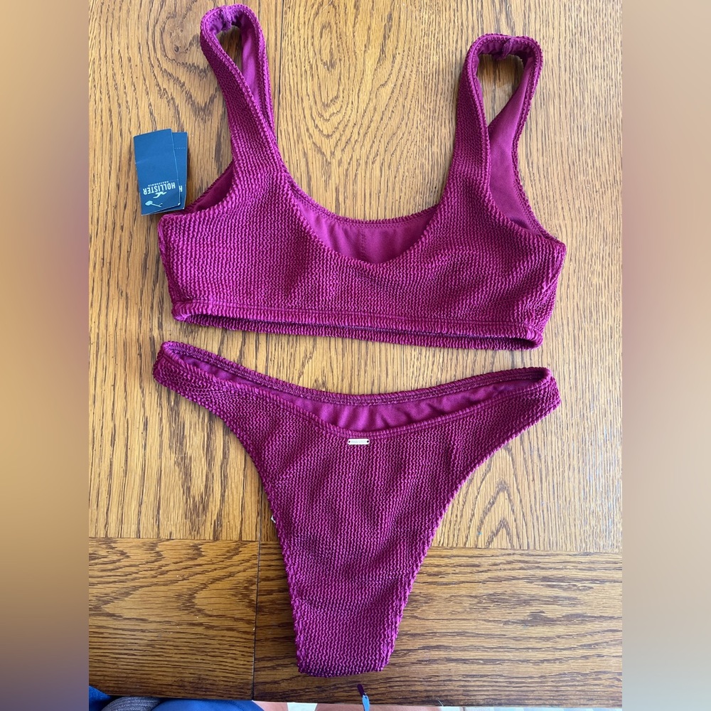 Hollister Purple Ribbed Bikini Set Sporty Crop Top